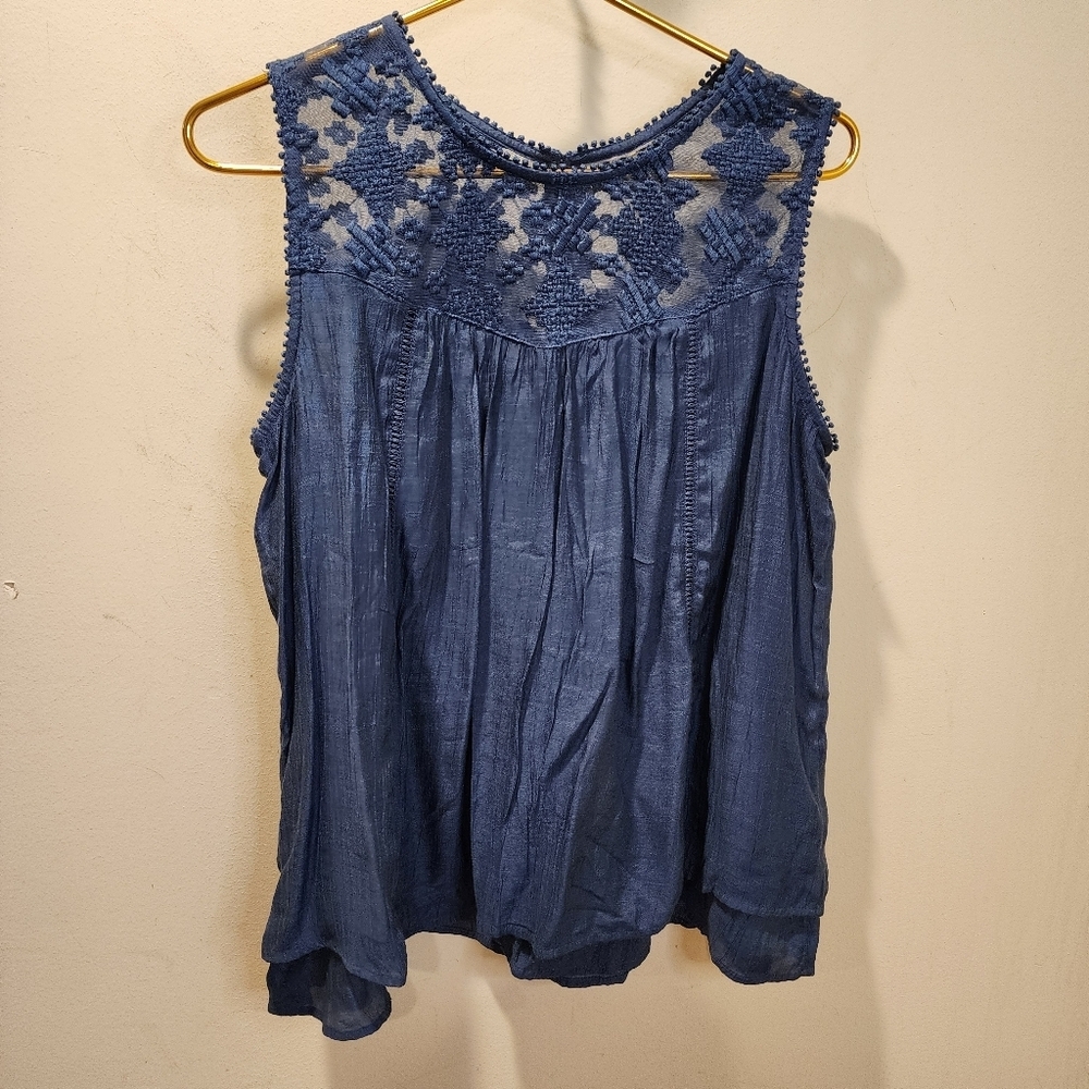Style & Co. Blue Sleeveless Embroidered Lace Top Fits L
